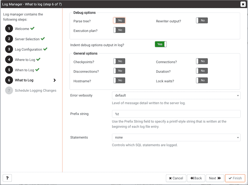 Log Manager Wizard - What to Log page