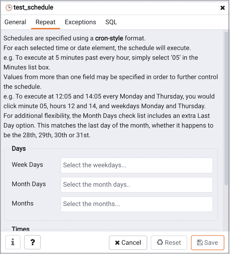 pgAgent schedule - Repeat tab